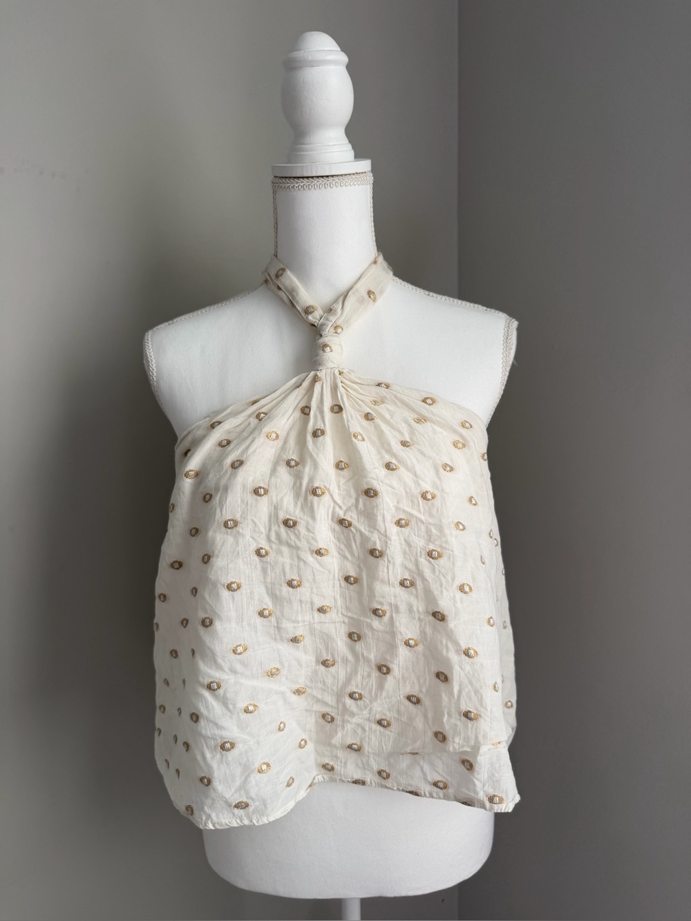 Zara Cream Halter Camisole with Gold Dot Embroidery